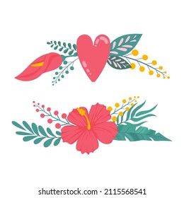 Composition of bouquet with hibiscus flowers with pink petals, tropical leaves, and floral elements on white background. Summer garden and wild flowers. Flowers esign composition with vector botanical