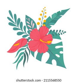 Composition of bouquet with hibiscus flowers with pink petals, tropical leaves, and floral elements on white background. Summer garden and wild flowers. Flowers esign composition with vector botanical