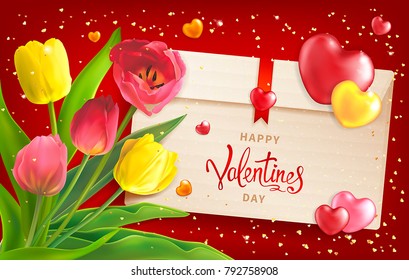 Composition with bouquet of red and yellow tulips, envelope, hearts and sequins. Valentines Day background. Template for card, calendar, banner, poster, invitation, announcement of the sale 