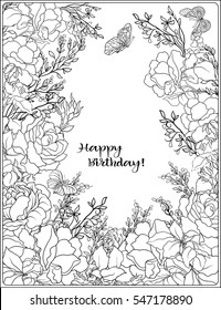 The composition of bouquet of roses and butterflies. Outline hand drawing coloring page for adult coloring book with place for text.
 Stock vector.