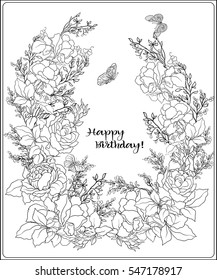 The composition of bouquet of roses and butterflies. Outline hand drawing coloring page for adult coloring book with place for text.
 Stock vector.