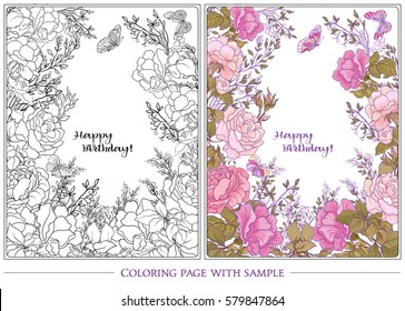 The composition of bouquet of roses and butterflies. Outline hand drawing coloring page with colored sample for adult coloring book with place for text.
 Stock vector.