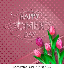 Composition with a bouquet of tulips, with a wide decorative ribbon with drops on a polka dot background. Beautiful greeting card or banner for Women's Day.