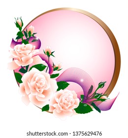 Composition. A bouquet of white rose and buds, intertwined with a ribbon in the design of a metal round frame.