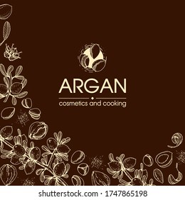 Composition with branch argan tree with fruits, nuts argans, leaves and accessories Detailed hand-drawn sketches, vector botanical illustration.