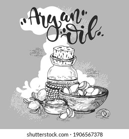 Composition with branch argan tree with fruits, nuts argans, leaves and glass bottle with oil and accessories Detailed hand-drawn sketches and lettering, vector botanical illustration.
