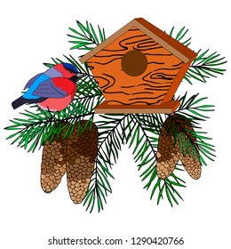 composition of branches of fir, cones, bird and birdhouse
