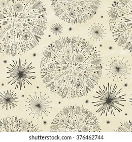 The composition with branches, flowers, leaves in a circle. Hand drawn elements. Seamless pattern. Vector illustration.