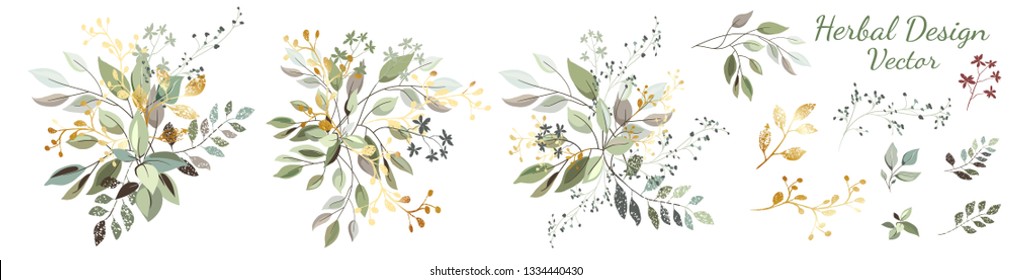 Composition of branches, gold and green leaves. Set: leaves, herbs, gold, arrangements.