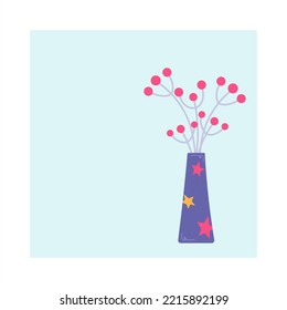 Composition with branches in a vase. Holiday card in flat doodle style. Vase with red rowan berries and stars. Vector illustration of cozy autumn and winter decor elements on a blue background.