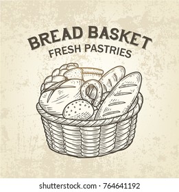 Composition of bread basket. Vector sketch of baking colllection, realistic, simple design. Bakery logo is good for advertisment of bakehouse, shop, natural products or recipe book design.