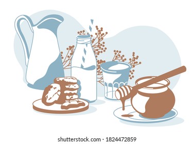 Composition of breakfast objects: milk, glass, cookies, biscuit, honey, decorative plants isolated white background vector illustration