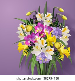  Composition of the
bright, colorful , delicious spring flowers for design of postcards, brochures, banners, flyers,isolated, on a plane surface, vector