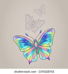 Composition of Bright Iridescent Colorful Butterfly of Gradient Colors and Contour Butterflies. Decorative Design Element Delicate Gradient Insect of Pastel Colors.