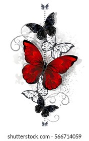 Composition of bright red and black butterflies on white background.