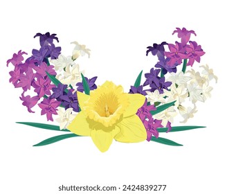 Composition of bright spring flowers. Vector colored hyacinths and yellow daffodils on a white background. Primroses in a cartoon style are suitable for greeting cards for Mother's Day and Women's Day