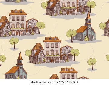 Composition of buildings of a small town. Vector illustration of old houses. Cartoon.