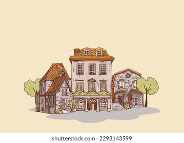 Composition of buildings of a small town. Vector illustration of old houses. Cartoon.