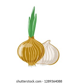 Composition of bulb onion - whole and cut in half, textured vector illustration isolated on white background. Textured vector illustration of bulb onion - whole and halved - for label design