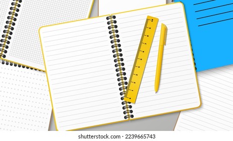 Composition with a bunch of notebooks and a stack notepad on the table. Pile of books with ruler and pen. Heap paper. Workplace. Business brainstorming. Place for text. Flat lay. Vector illustration.