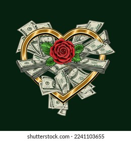 Composition with bundle of cash money in gold heart shaped frame, red rose with leaves in center. Concept of love of money. Vintage style.