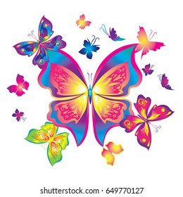 Composition of butterflies to decorate clothes and accessories. Large blue butterfly with yellow and pink patterns, and colorful butterflies around, gradient color, vector.