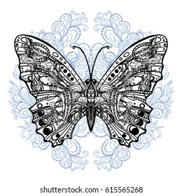 Composition of a butterfly against a background of floral ornament. Unique design for tattoo printing on T-shirts. Vector illustration of a poster, a card for a holiday. An insect, a totemic animal.