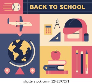 Composition by school supplies section. flat design style vector graphic illustration.