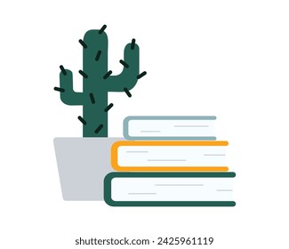 Composition of a cactus in a pot and a stack of books. Hobbies: reading and caring for indoor prickly plants. Study, education, learning. Botany, biology. Color image. Flat design. Vector illustration