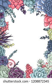 Composition of cactuses in a square. Bouquet of multicolored succulents. Vector illustration. Banner, postcard, vertical card. Wedding invitation. Hand drawn art.