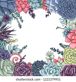 Composition of cactuses in a square. Bouquet of multicolored succulents. Vector illustration.  Hand drawn art.