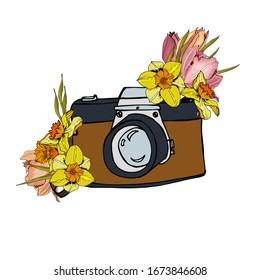 La composición de la cámara y un ramo de tulipanes y daffodils. Logo de estilo Doodle con ilustración floral sobre fondo blanco. Para diseño, impresión o fondo.