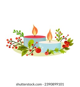 Composition with candles in aluminum can and floral elements. Winter and autumn holidays design