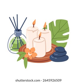 Composition of candles, fragrant diffuser, hot stones and tropical leaves. Hand drawn vector illustration for wellness branding, aromatherapy packaging and spa menu design.