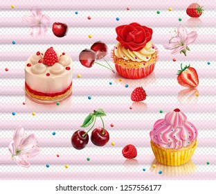 Composition with capcake and berry on a transparent background. Vector mesh illustration
