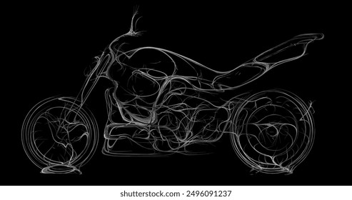 Composition of a car standing sideways made of wavy lines and particles along the contour of white color on a black background. Vector illustration.