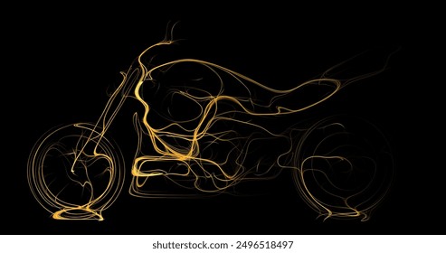 Composition of a car standing sideways made of wavy lines and particles along the contour of gold color on a black background. Vector illustration.