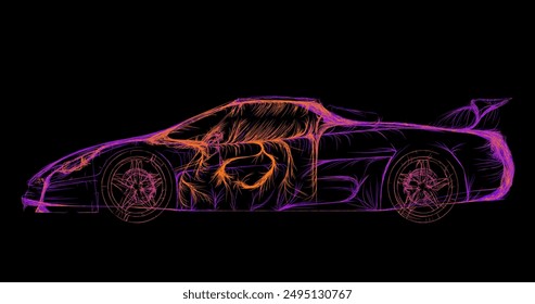 Composition of a car standing sideways from wavy lines along the contour of neon color on a black background. Vector illustration.