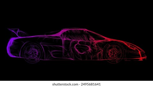 Composition of a car standing sideways from wavy lines along the contour of neon color on a black background. Vector illustration.