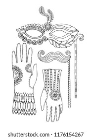 Composition with carneval props: mask, moustache and gloves. Photo booth Props. Hand drawn picture. Vector illustration for adult coloring page.