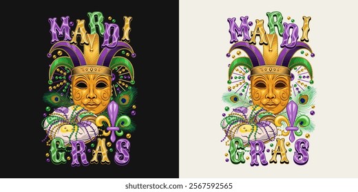 Composition with carnival golden venetian face mask in jester harlequin hat, traditional festival Mardi Gras food, beer and king cake. Peacock feathers, bead behind. T shirt graphics