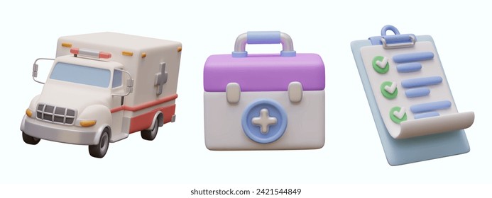 Composition with cartoon ambulance, box with medicine for first aid, and clipboard