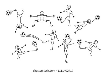 Composition of cartoon drawings of  little men. Football and soccer.  Positive black and white background. Vector graphics.