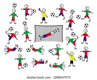 Composition of cartoon drawings of players and referees. Positive colorful background. Vector graphics.