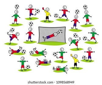 Composition of cartoon drawings of players and referees. Football and soccer.  Positive colorful background. Vector graphics.