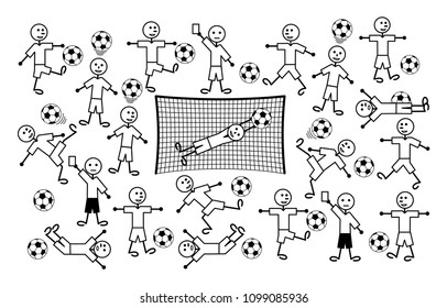 Composition of cartoon drawings of players and referees. Football or soccer. Positive black and white background. Vector graphics.
