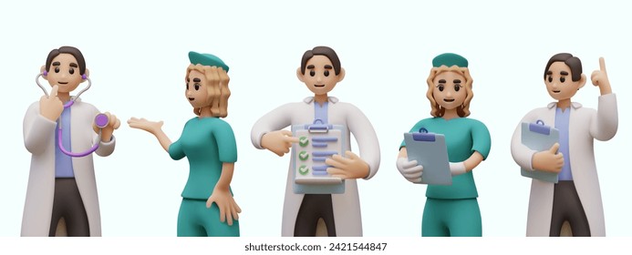 Composition with cartoon female and male doctors with stethoscope, clipboard with document