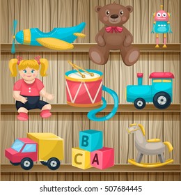 Composition with cartoon style drawn wooden shelves and kids toys of different shape and colour vector illustration