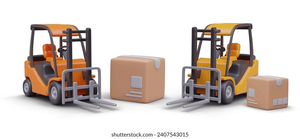 Composition with cartoon warehouse cars in orange and yellow colors parked near big cartoon boxes. Concept of loading, transportation, and delivery of parcels. Vector illustration in 3d style