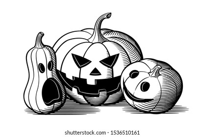 Composition of carved pumpkins for Halloween. Retro style black and white vector illustration of 3 jack o lanterns
